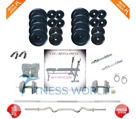 52 KG RUBBER PLATES + MULTI 3 IN 1 BENCH + BICEP CURL ROD, + BENCH ROD + DUMBELLS RODS + GLOVES